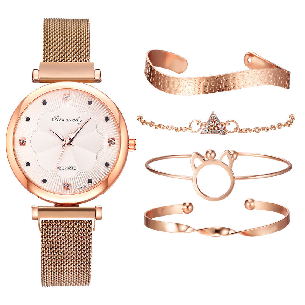 5pcs/set women's fashionable and simple mesh belt magnet quartz watch+bracelet set quartz watch