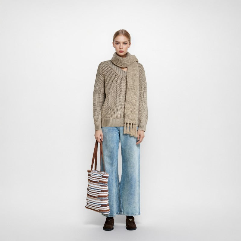 Stylish thick wool knit sweater with long scarf