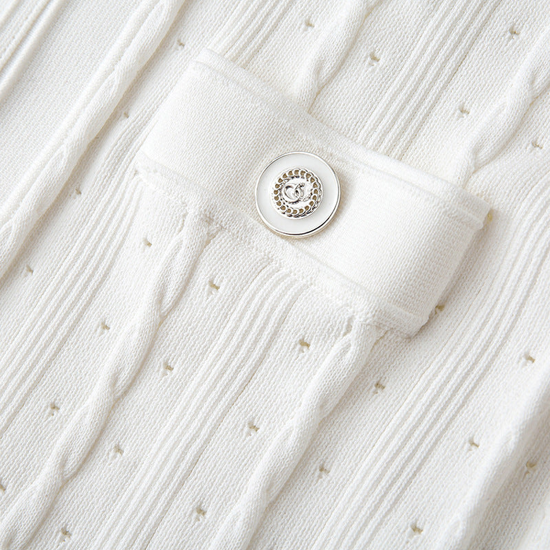 High-quality, elegant French-style dress with a round neckline, short sleeves, simple buttons, longer hem, and lace trim