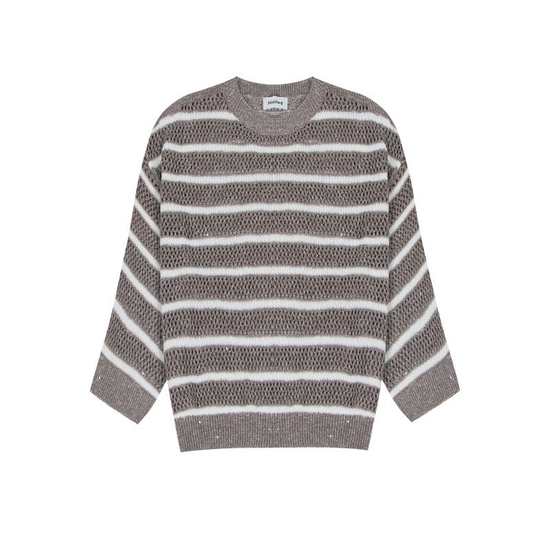 High-quality pullover with round neck, long sleeves, stripes, and drawstring