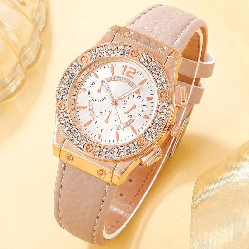 Cross border Korean version diamond studded fashionable PU watch strap watch simple watch bracelet two-piece set wholesale watch women's trend