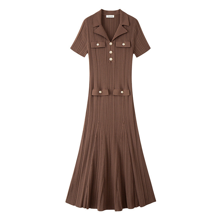 Elegant dark brown Chanel-style dress with a V-neckline and short sleeves for everyday wear