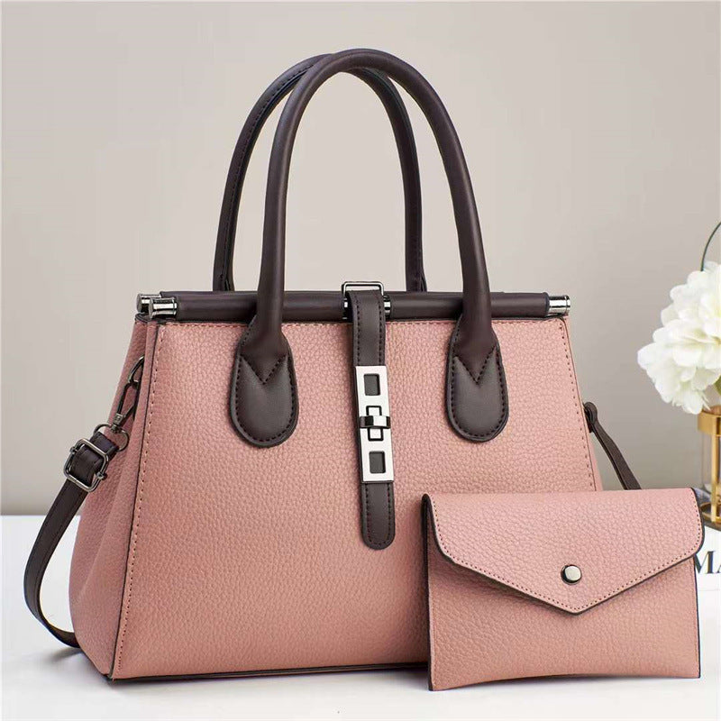 Trendy Bag 2025 New Color Contrasting Handbag Women's Lock Lock Design Texture Large Capacity Shoulder Bag Two Piece Set