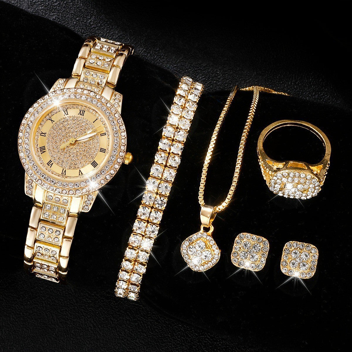 Manufacturer Direct Full Diamond Luxury Bracelet Watch Set Women's Time Quartz Watch Exquisite Five Piece Set Calendar Chain