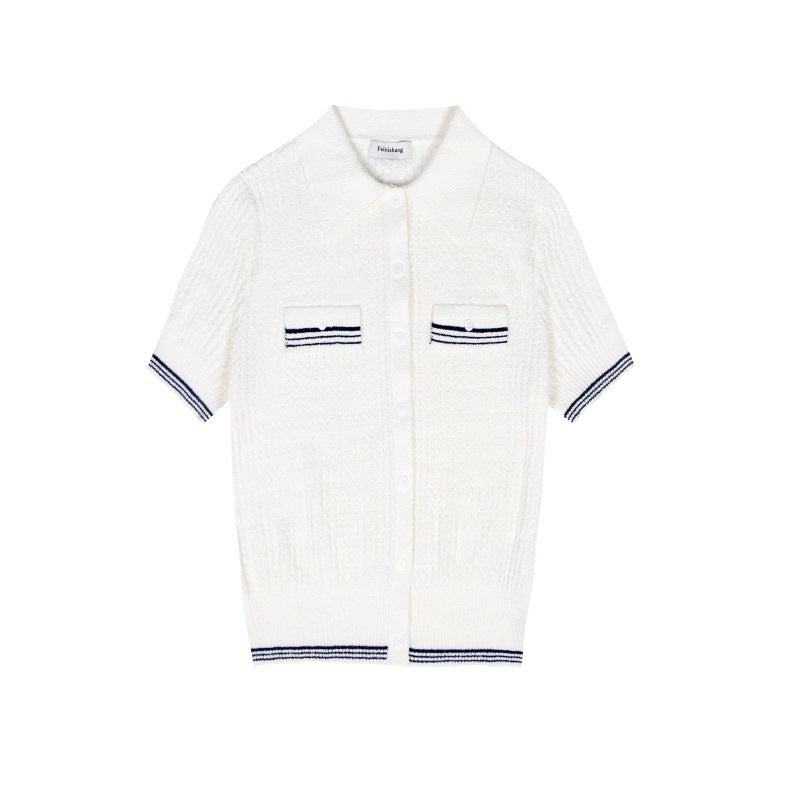 High-quality minimalist French-style white cotton shirt with short sleeves and buttons