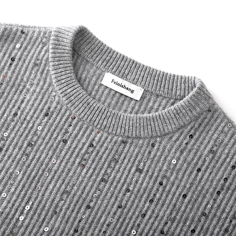 Elegant round-neck sweater, long sleeves, wool knit with pearls, pullover