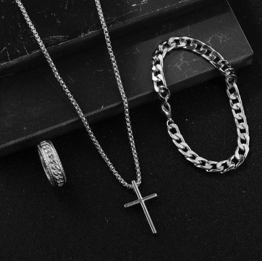 Men's Business Watch Fake Three Eye Calendar Roman Scale Quartz Watch Cross Necklace Bracelet Ring Set