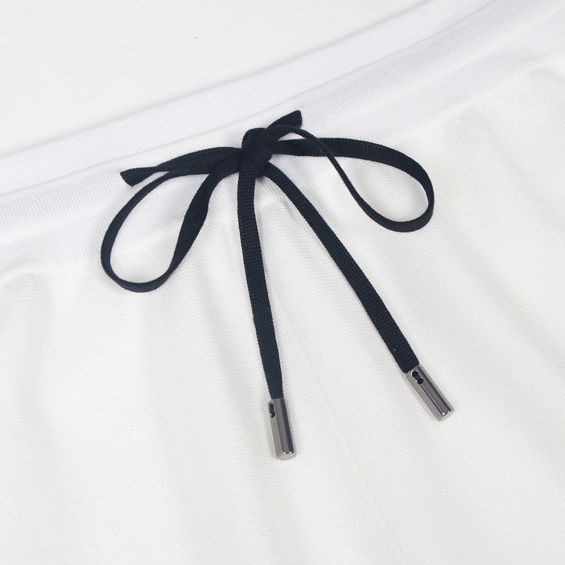 White Tencel knit set with round neckline, short sleeves, and high-quality high-waisted shorts