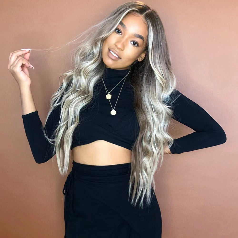 European and American wigs, synthetic hair tips, gradient dyeing, black and gold, medium split, large waves, long curly hair, factory direct sales