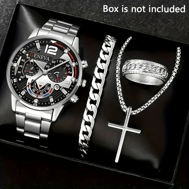 Men's 4-piece luxury stainless steel quartz watch with calendar, gold cross necklace, bracelet and ring
