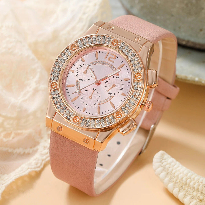 Cross border Korean version diamond studded fashionable PU watch strap watch simple watch bracelet two-piece set wholesale watch women's trend