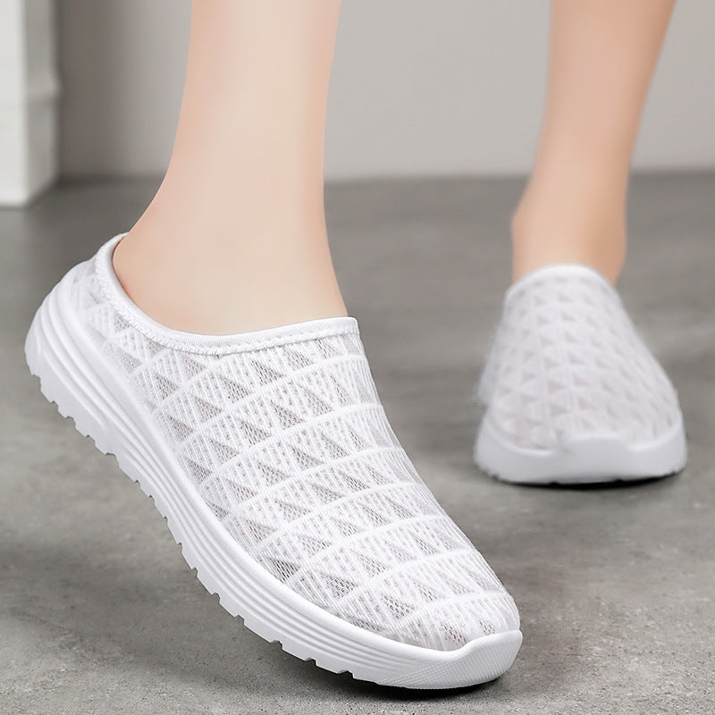Shoes for women's summer casual shoes, cross-border plus size breathable half drag fashion versatile women's single shoes, one foot kick toe toe cap slippers