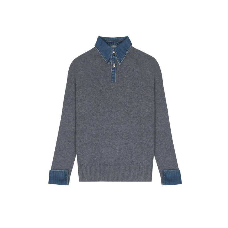 Stylish sweater with gray collar, 100% wool High-quality patchwork