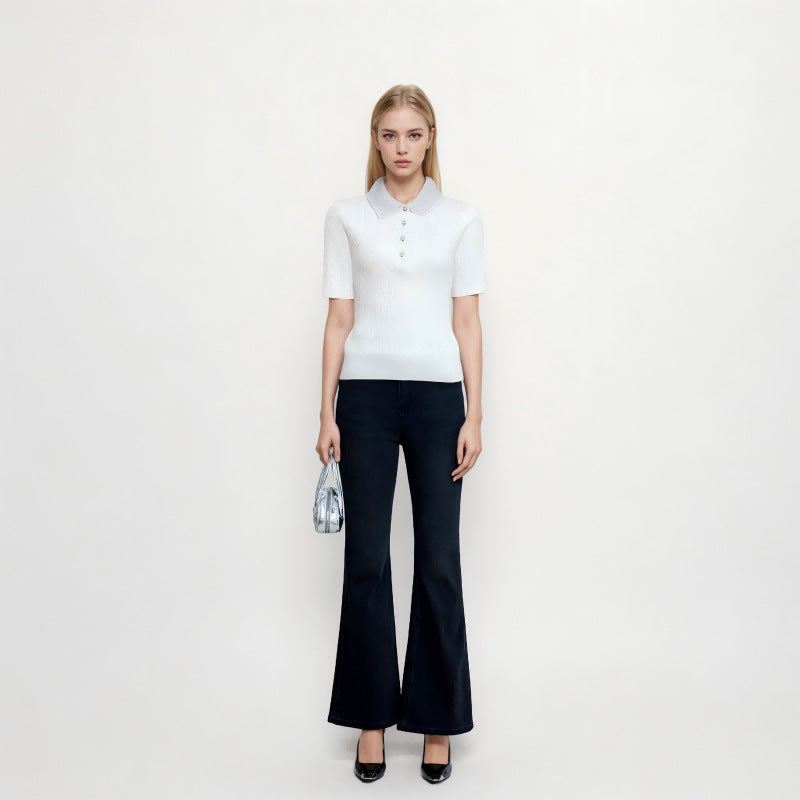 Elegant white polo shirt with high collar and short sleeves, embroidered, 100% high-quality wool