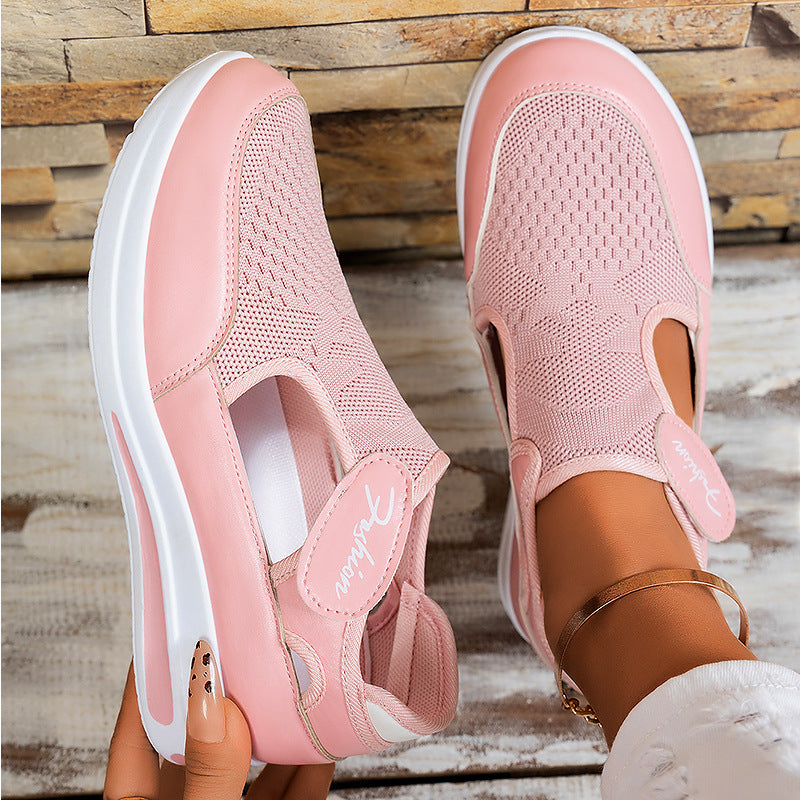Shoes, women's shoes, versatile cross-border stock, plus size casual shoes, fly woven wedge heels, thick soled shoes, Velcro mesh single shoes