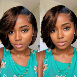 Cross border split bangs, short hair, slightly curled styling, fashionable lace and synthetic full head wig from Europe and America