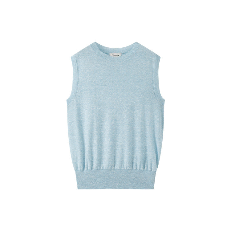 Elegant sleeveless pullover with round neckline, made from high-quality wool and linen knit fabric