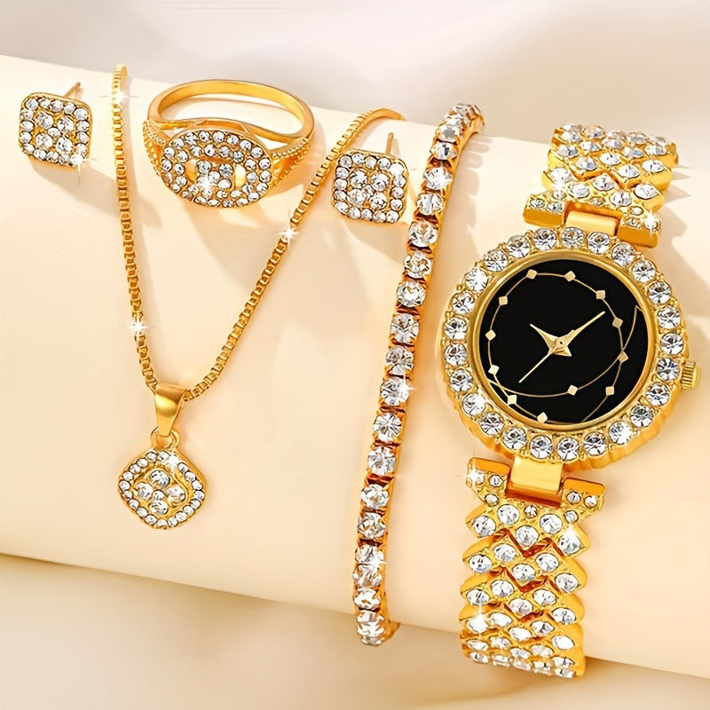 Manufacturer direct sales of new luxury full diamond bracelet watch set for women, exquisite five piece quartz watch set