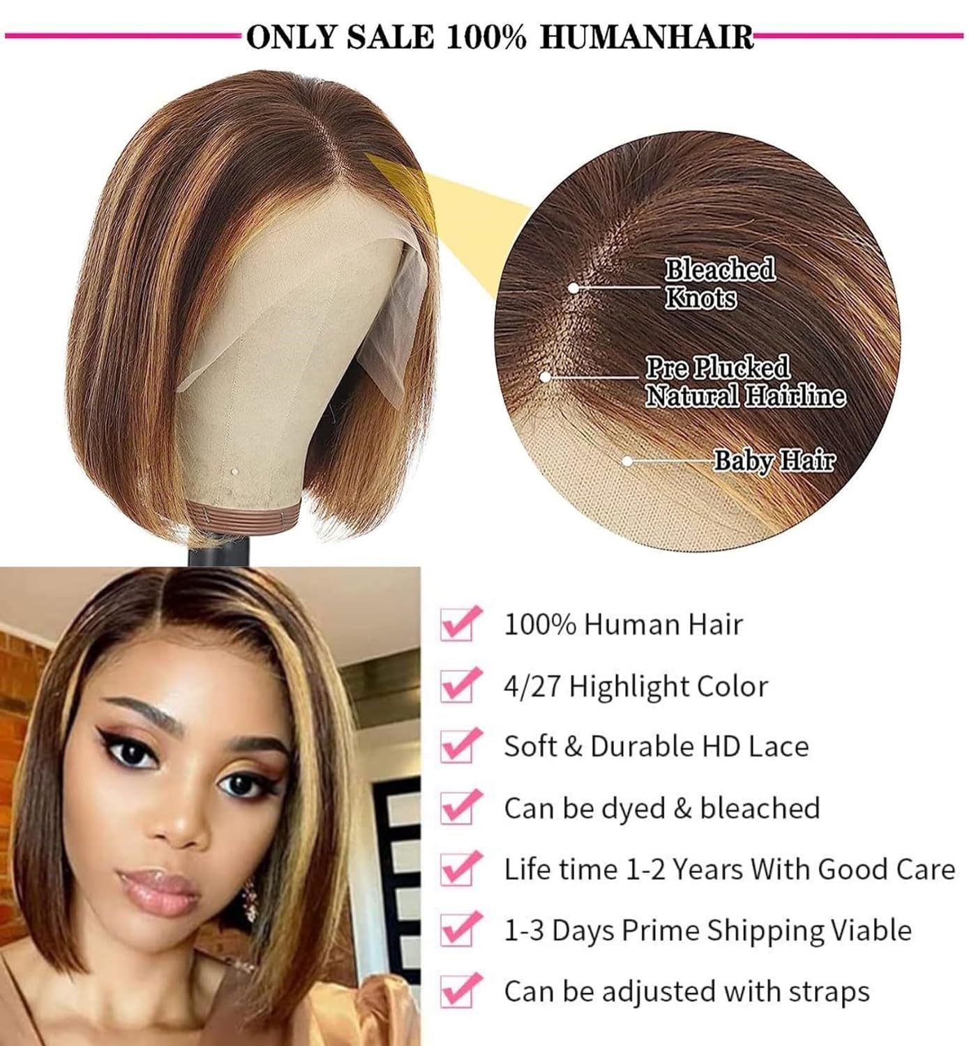 Cross border wig for European and American women, front lace synthetic full head cover, piano color, medium split short straight hair manufacturer wholesale