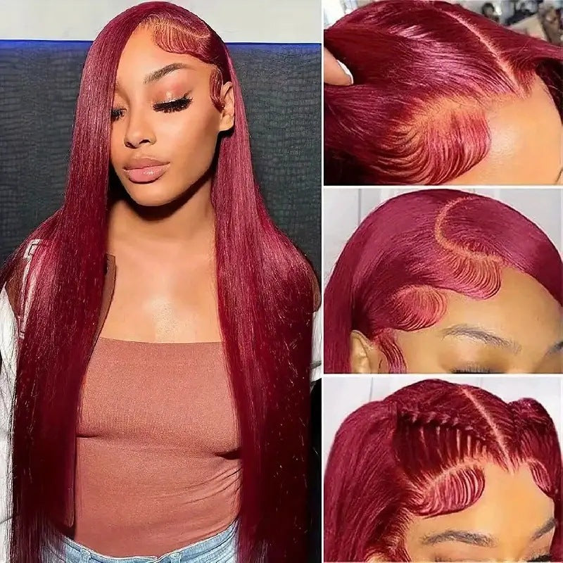 African Women's Hot Selling Lace Wine Red Mid Split Straight Hair Wig Full Headset Cross border Hot Selling Wig