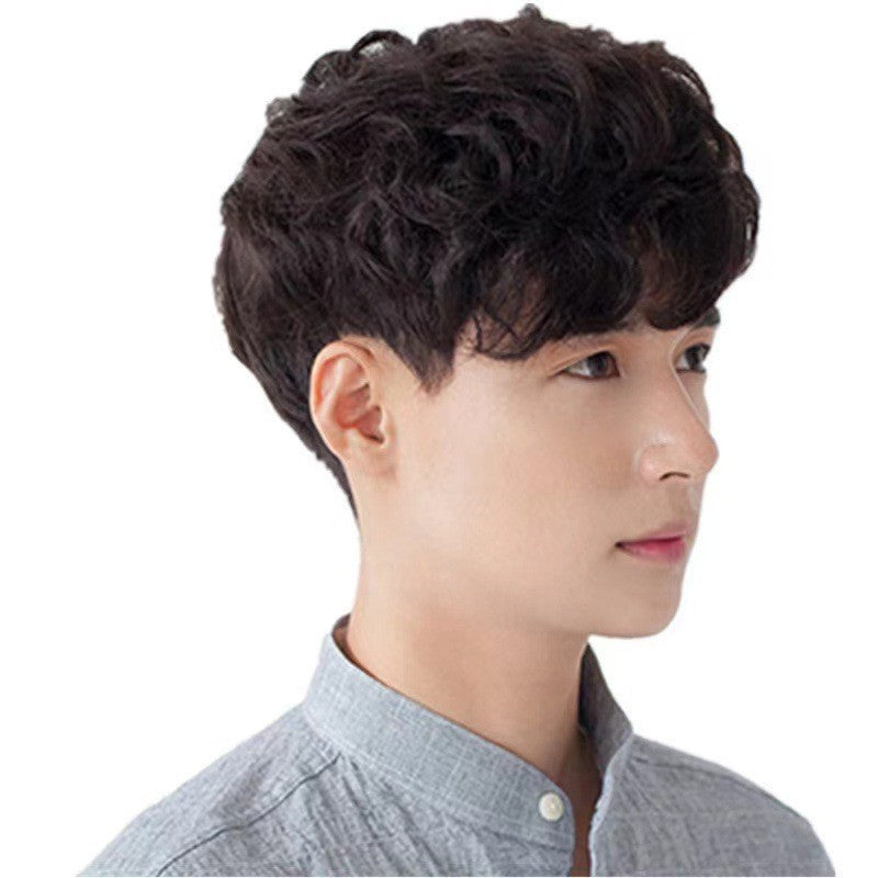 Korean style fashionable men's wig, handsome men's short curly hair, fluffy natural curly hairstyle wig, and headband in stock