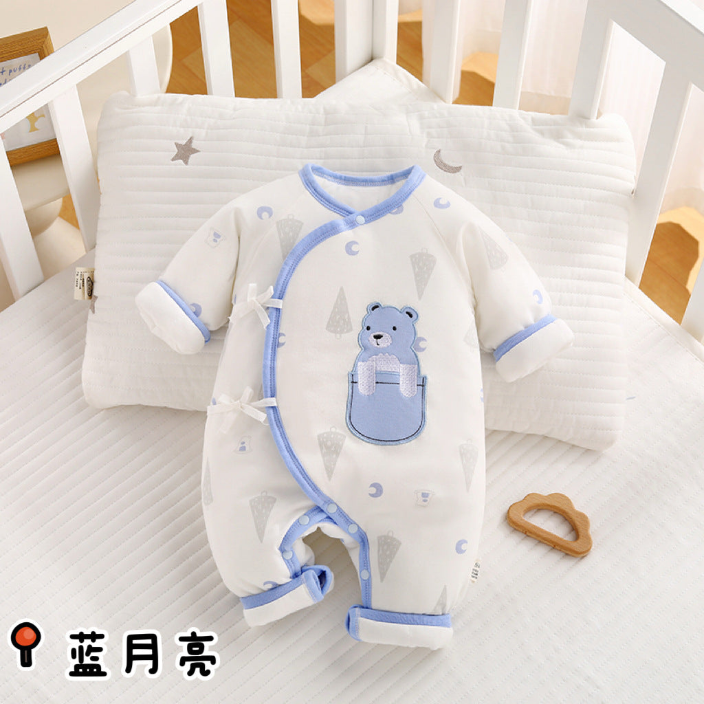 Winter baby lace up jumpsuit warm newborn clothes 0-3 baby pure cotton thick clip cotton clothes butterfly clothes