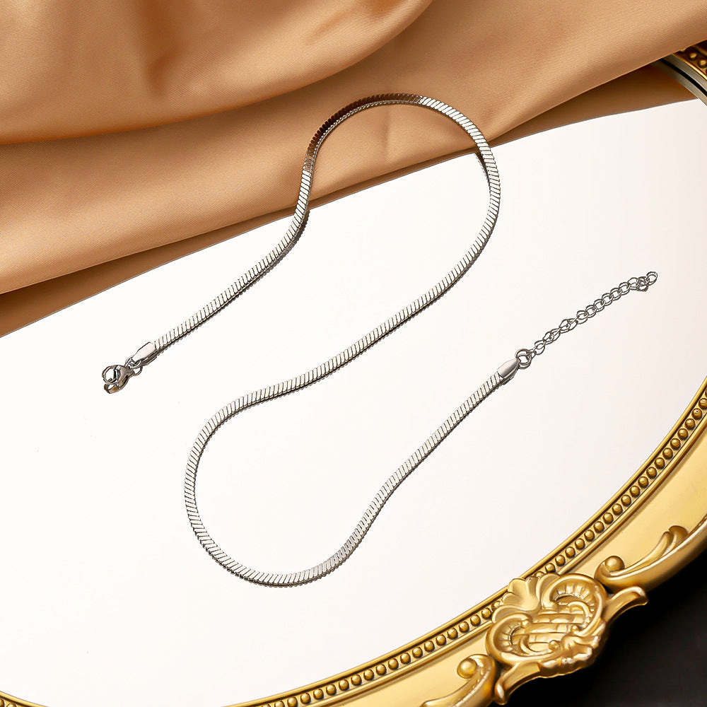 Stainless steel flat blade chain necklace for European and American women, fashionable and simple snake bone chain, non fading titanium steel necklace