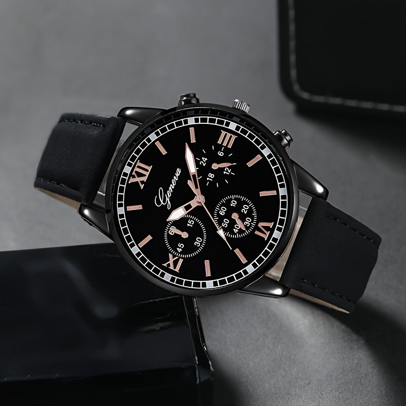 Manufacturer's spot wholesale AliExpress new men's casual fashion business black shell three eyelid quartz set