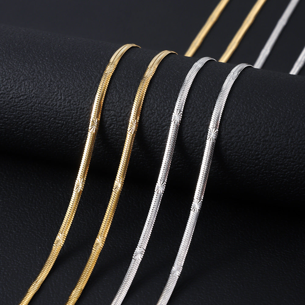 Cross border hot selling stainless steel embossed push button necklace for women, 18K real gold electroplated titanium steel batch flower push button chain in the furnace