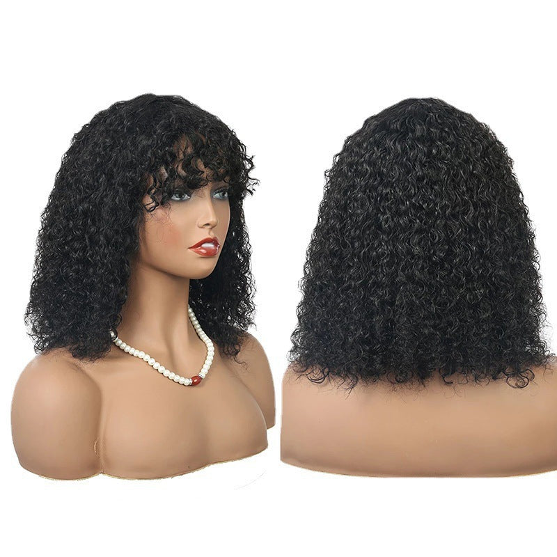 European and American wig cross-border fashion wig with bangs, hand tube wrapped tube, small curly hair, African headband wig, women's synthetic fiber wig