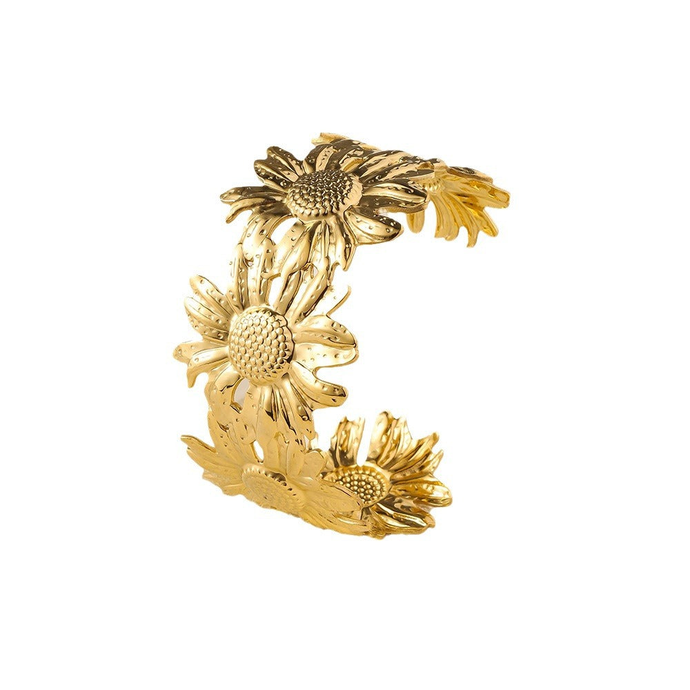 Stainless steel exaggerated opening sunflower bracelet cross-border new product, simple and personalized design, high-end titanium steel bracelet