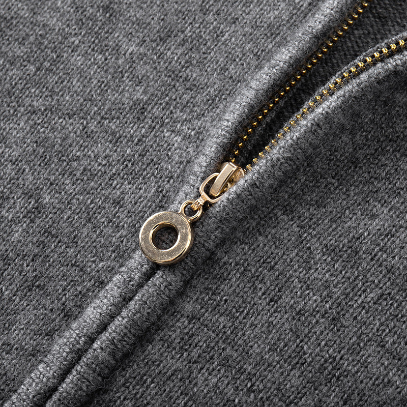 Stylish gray cardigan with hood and long sleeves made from cashmere wool