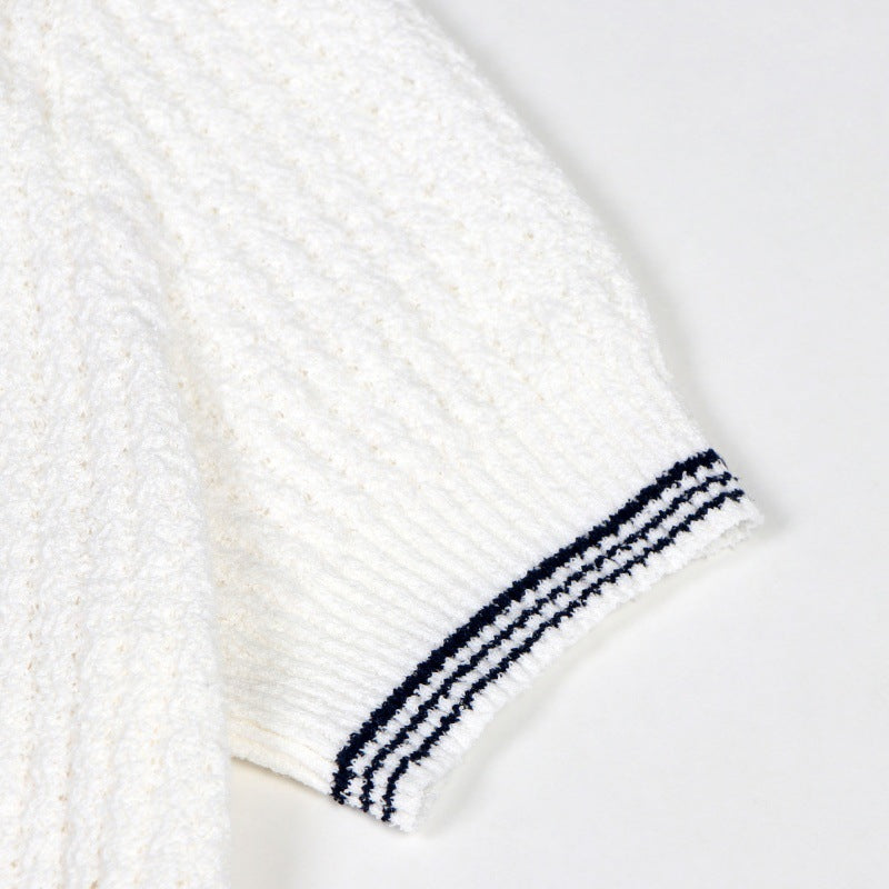 High-quality minimalist French-style white cotton shirt with short sleeves and buttons