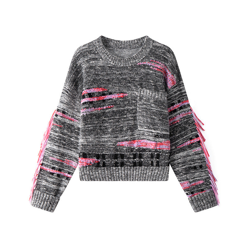 Stylish long-sleeved pullover with a round neckline, made from high-quality black and white mixed wool knit fabric.