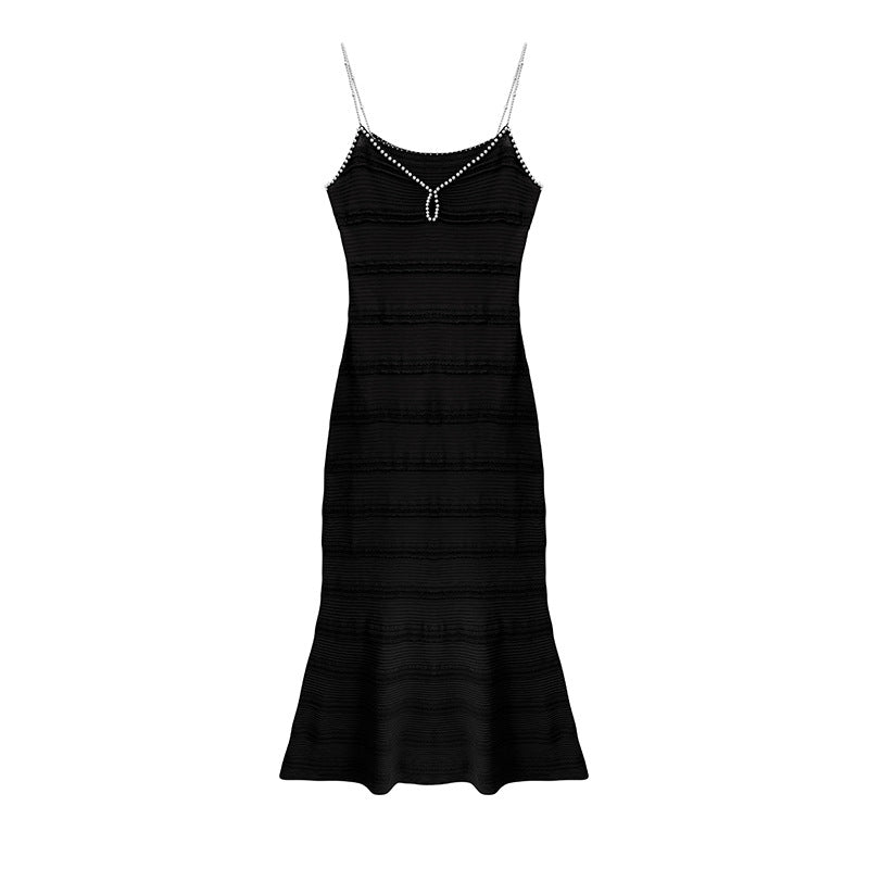 Elegant midi dress in knit fabric, with V-neckline, sleeveless, and high-quality bead embroidery