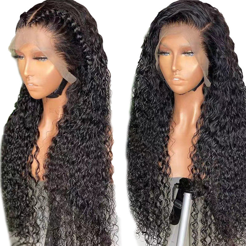 European and American women's wig front lace black long small curly hair African cross-border fashion mid split high temperature silk corn perm