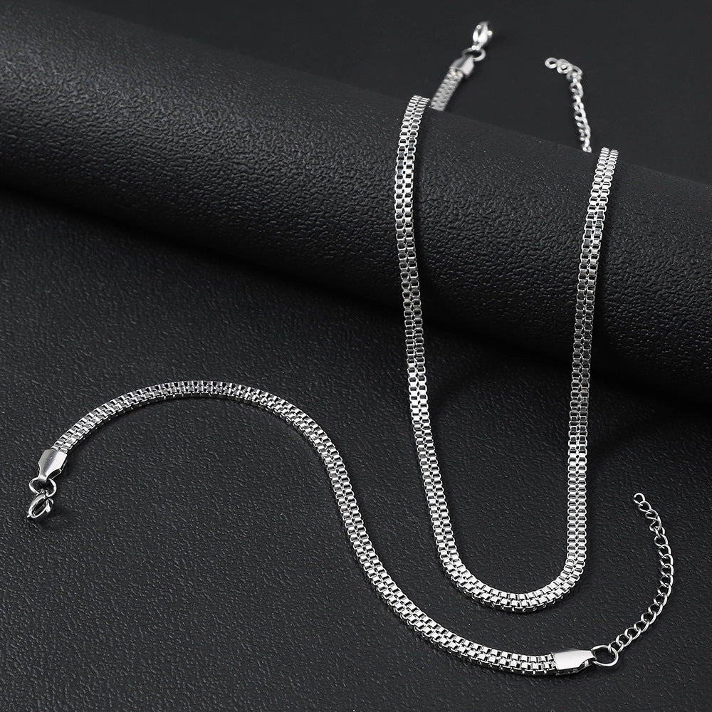 Stainless steel double row box chain necklace cross-border fashion men's whip chain chain versatile women's titanium steel bracelet