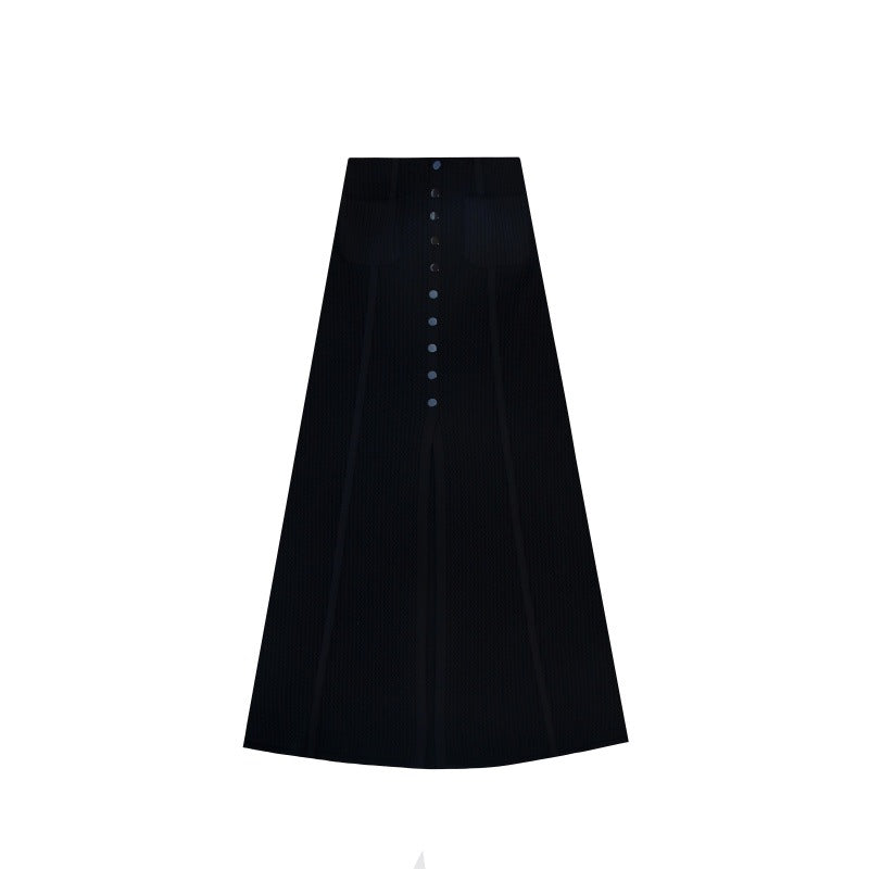 Elegant black set featuring a V-neck knit top and high-quality long high-waisted skirt