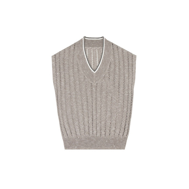 Elegant, high-quality sleeveless linen knit pullover with V-neckline