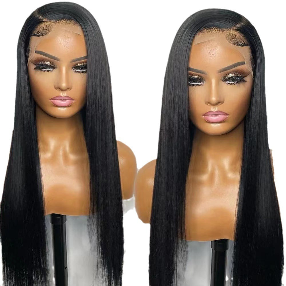 2023 AliExpress Europe and America Wig Middle Division Black Long Straight Hair Front Lace Synthetic Wig Head Cover Manufacturer Wholesale