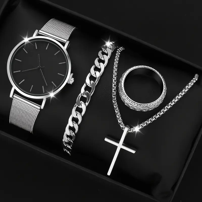 Men's 4-piece luxury stainless steel quartz watch with calendar, gold cross necklace, bracelet and ring