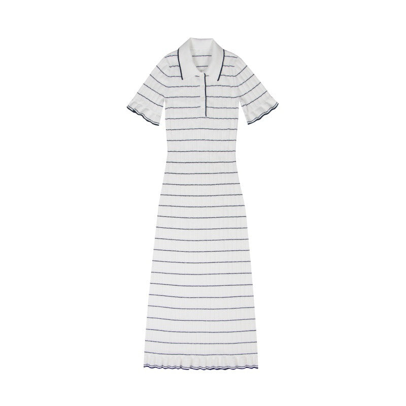 French elegance knit dress with short sleeves, white collar, and medium-length stripes of high quality