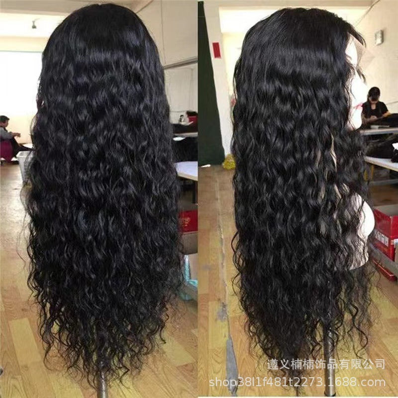 European and American women's wig front lace black long small curly hair African cross-border fashion mid split high temperature silk corn perm