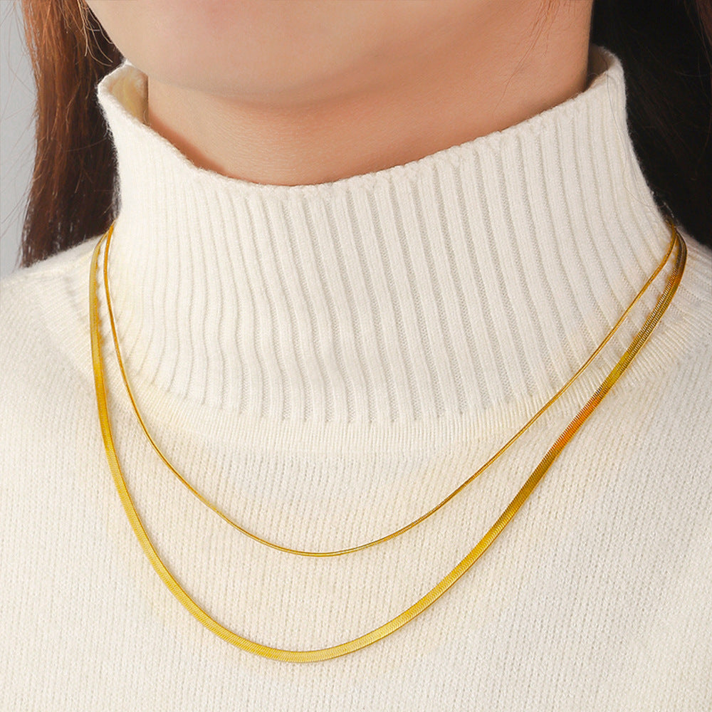 Cross border hot selling double-layer stacked blade with round snake necklace plated with 18k gold titanium steel plain chain, light luxury niche collarbone chain