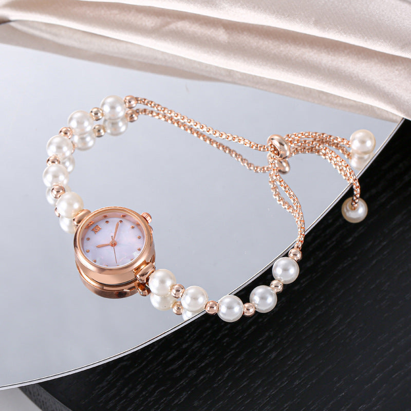 Cross border new pearl bracelet women's quartz watch niche light luxury small dial pull-out adjustable watch hot item