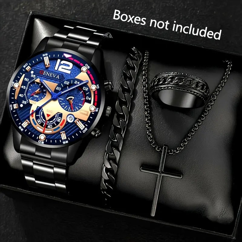 Men's 4-piece luxury stainless steel quartz watch with calendar, gold cross necklace, bracelet and ring