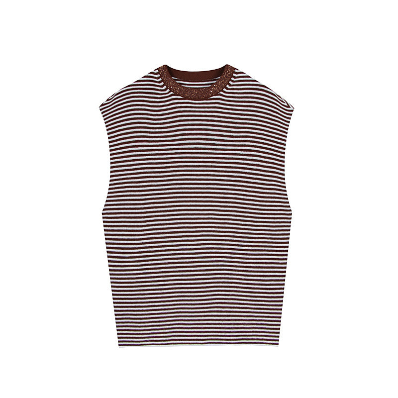 Modern casual sleeveless striped cotton knit set with high-quality round neckline