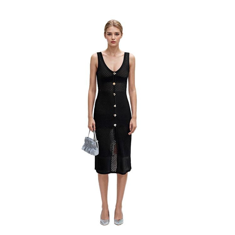 Beach resort knit dress with thin straps, black V-neckline, sleeveless, and buttons