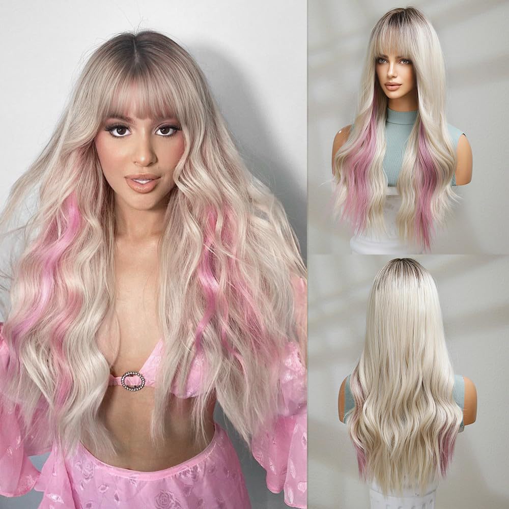 Cross border new products for European and American girls, including split long curly hair, simulated hair with gradient gold color, and pink long curly hair wholesale