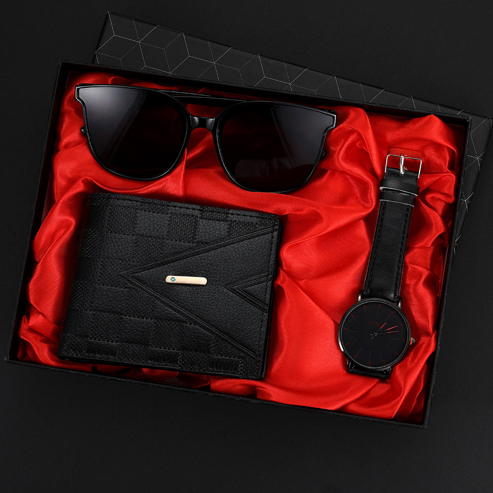 Cross border 2025 bestseller GENEVA classic men's personalized business belt watch wallet sunglasses gift box set